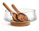 Bowl de Vidro Premium com Base em Madeira – Peça Única, Feito à Mão – Design Sofisticado para Saladas, Frutas e Mesa Posta