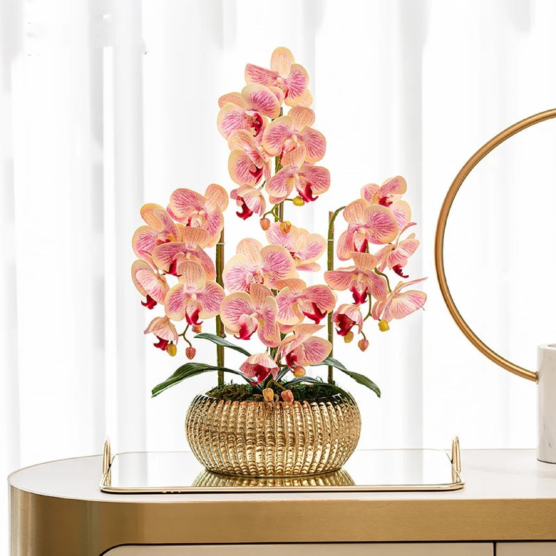 Arranjo Decorativo de Orquídeas com Vaso Dourado