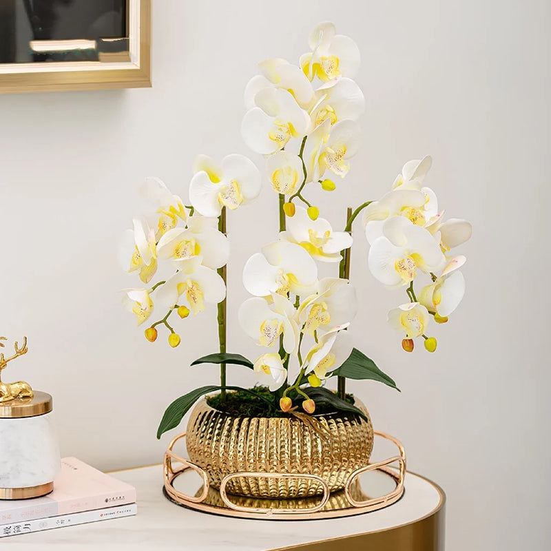 Arranjo Decorativo de Orquídeas com Vaso Dourado